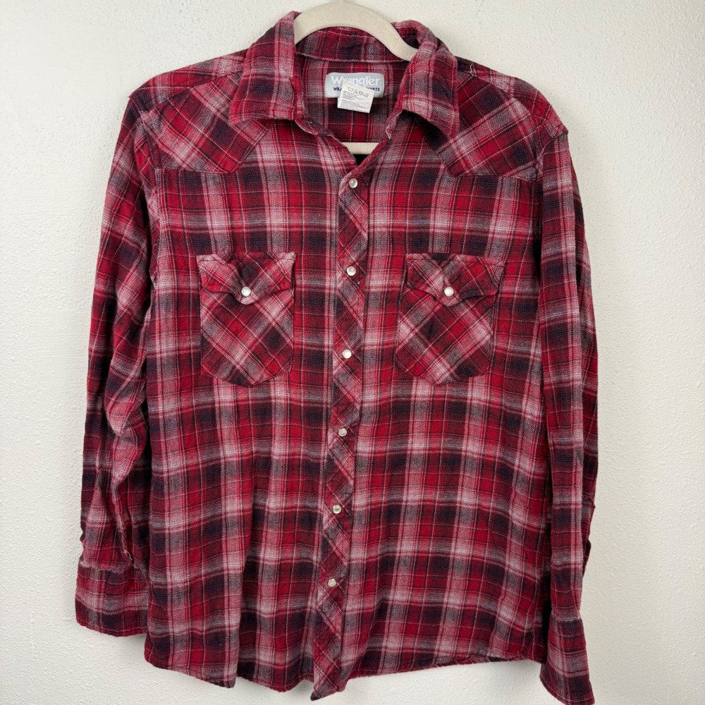 Wrangler Wrancher Mens Red Plaid Western Pearl Snap Flannelβ Shirt M MTSC064